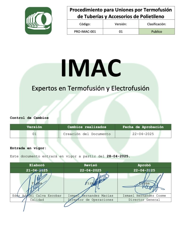 Procedimiento para Uniones por Termofusión de Tuberías y Accesorios de Polietileno | IMAC Termofusion