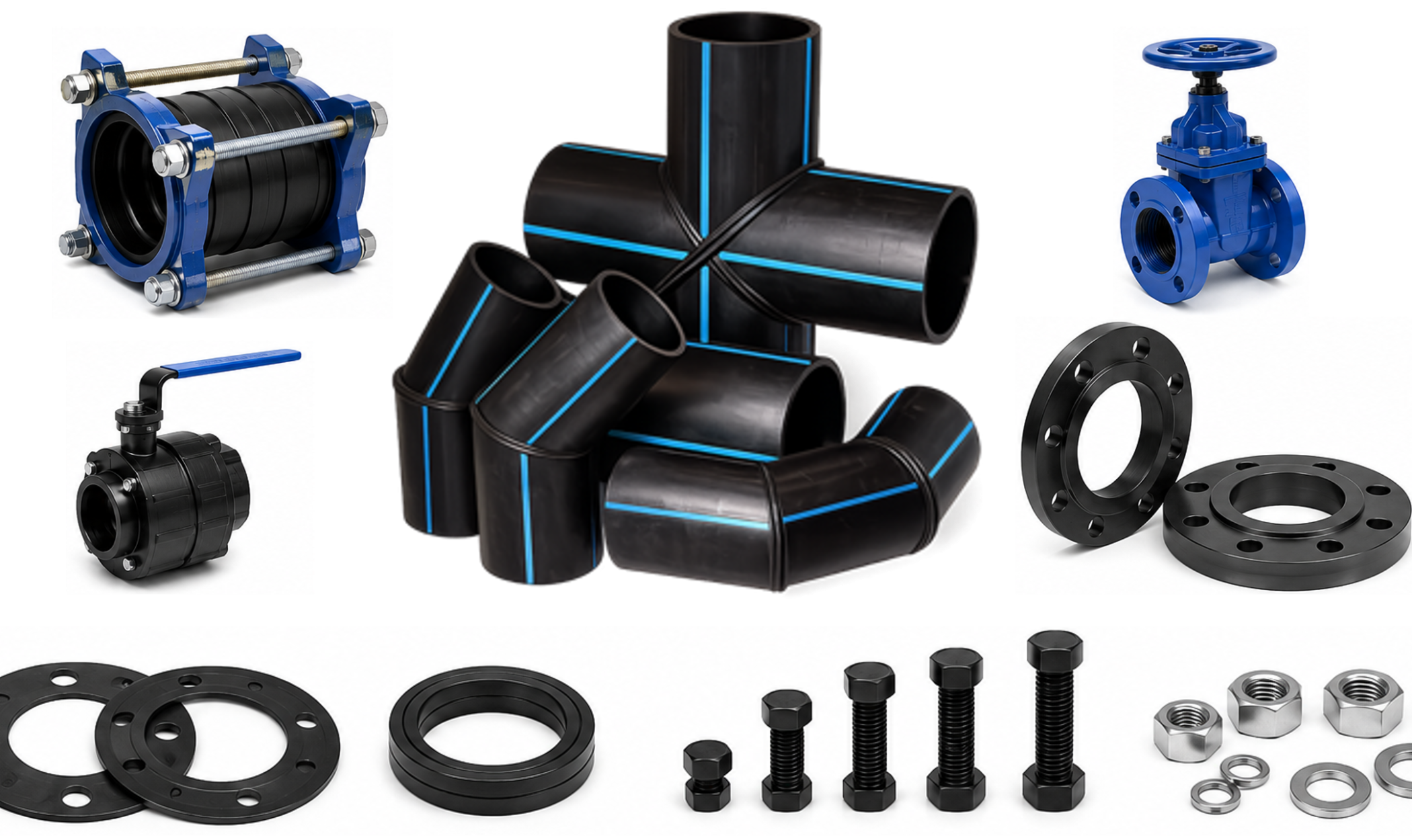 Conexiones y accesorios HDPE para sistemas de termofusión y electrofusión, incluyendo codos, tees, bridas, válvulas, adaptadores, empaques y tornillería.